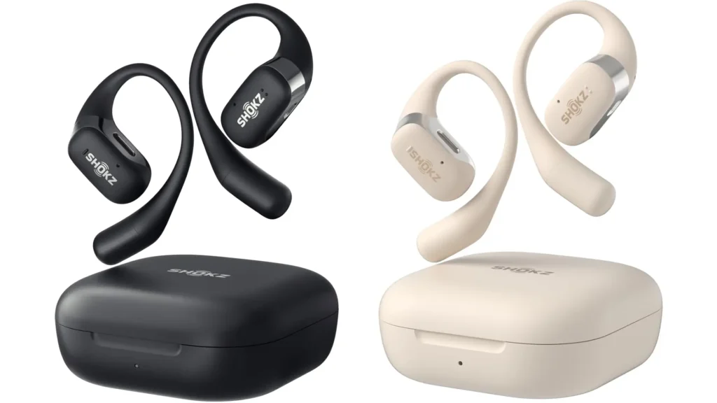 Shows examples of the Shokz OpenFit Bluetooth Headphones available in black or beige