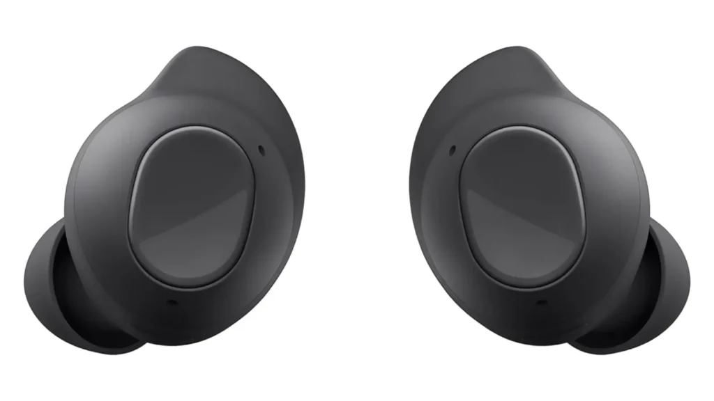 samsung galaxy buds fe bluetooth headphones closeup view shown as part of a product review that also indicates the tap control area
