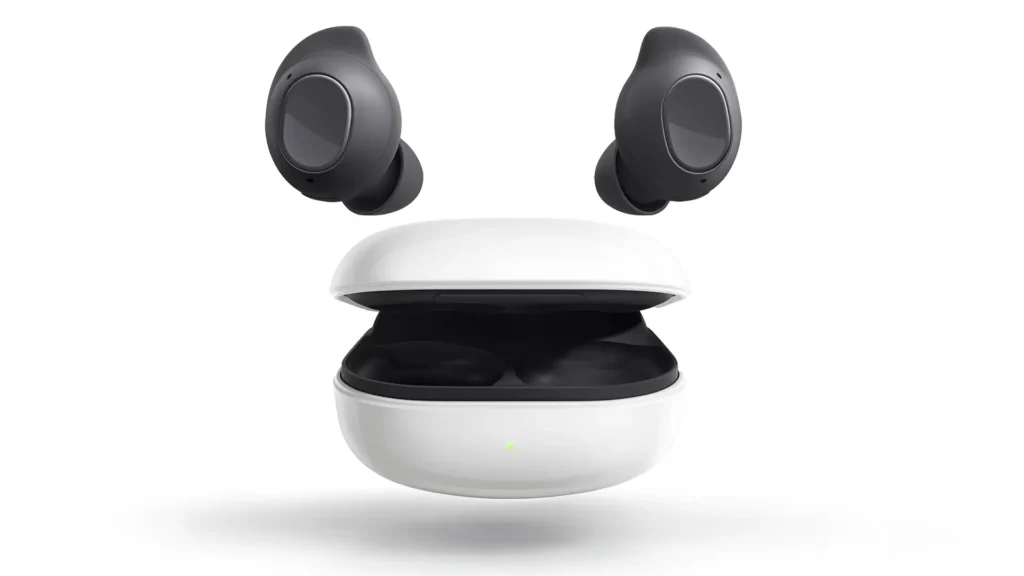 samsung galaxy buds fe bluetooth headphones shown as part of a product review that also shows the included charging case