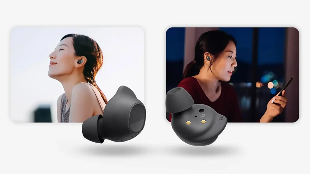 samsung galaxy buds fe bluetooth headphones shown as part of a product review that demonstrating a woman using them comfortably throughout the day